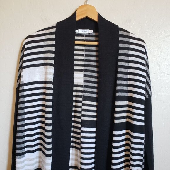 VINCE Striped Intarsia Open Front Longline Merino Wool Cardigan Multi Women's XS - Picture 3 of 10